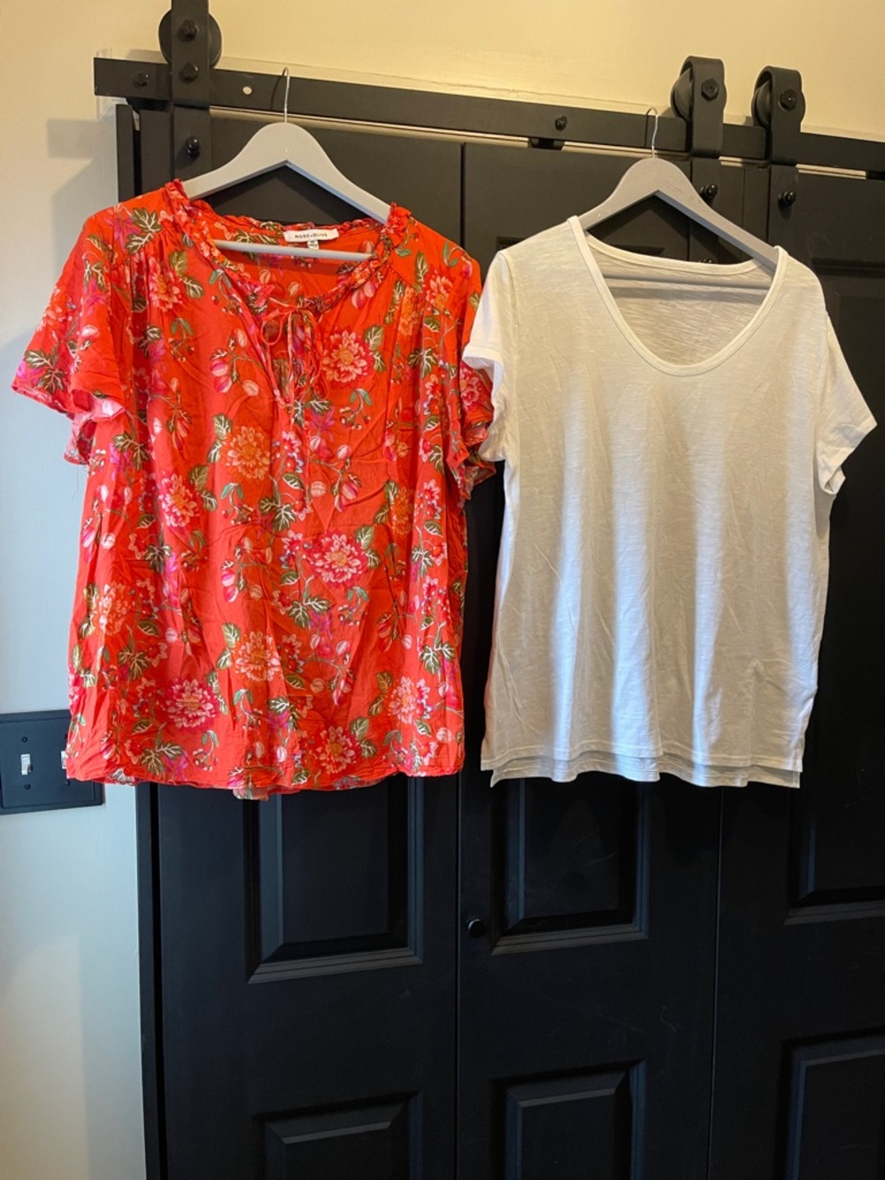 Orange & Olive Red Floral Peasant Blouse & White Merona Tshirt.
